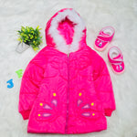 Girls Shocking Pink Butterfly Warm Inner Furr Hoodied Puffer Jacket HJ6206A