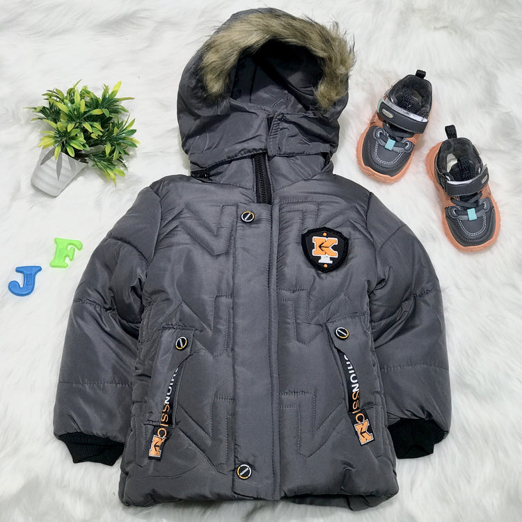 Boys Gray Warm Inner Furr Hoodied Puffer Jacket HJ6204B