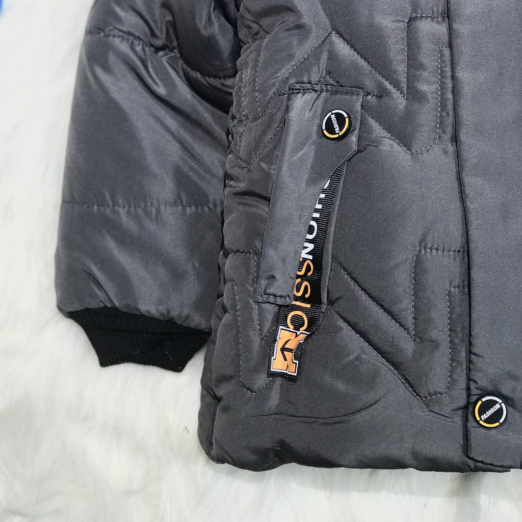 Boys Gray Warm Inner Furr Hoodied Puffer Jacket HJ6204B