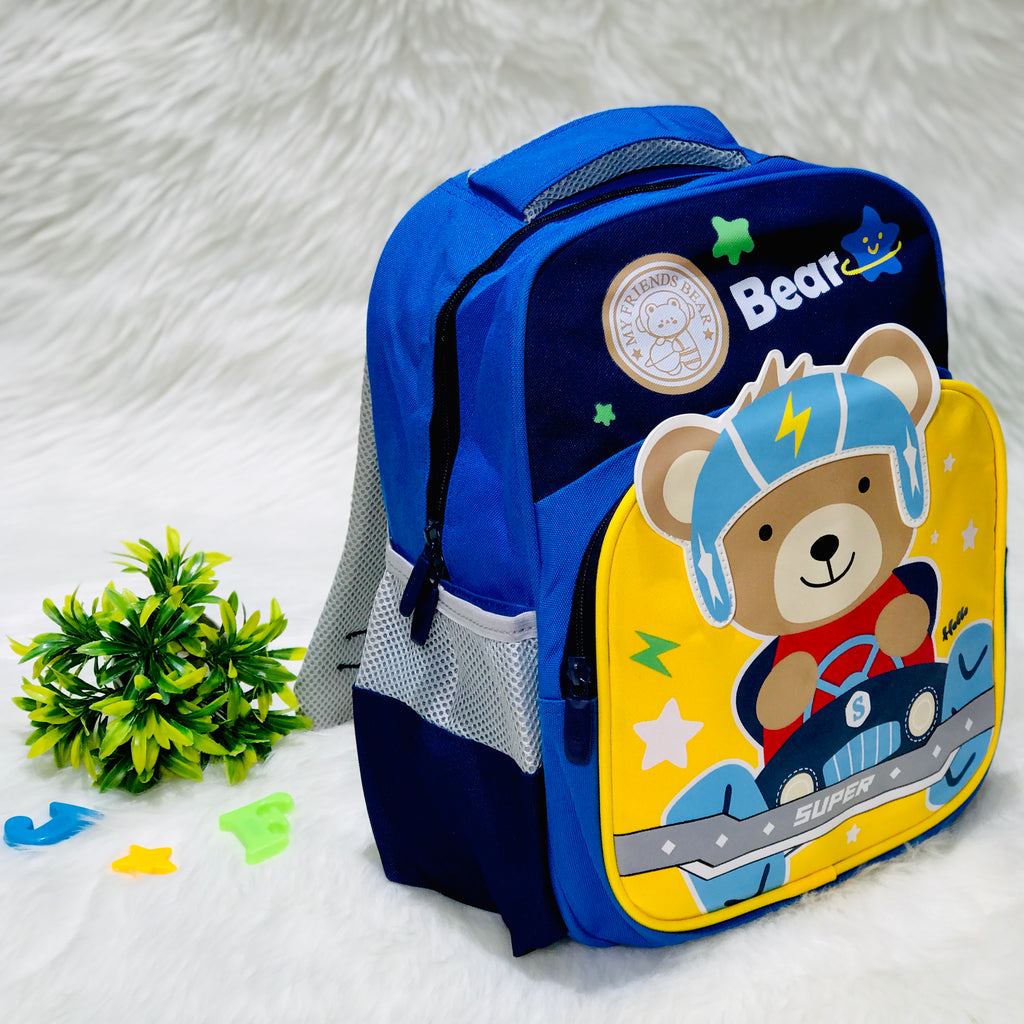 Navy Blue Bear & Slogan Graphic Functional Backpack School Bag BG5540C