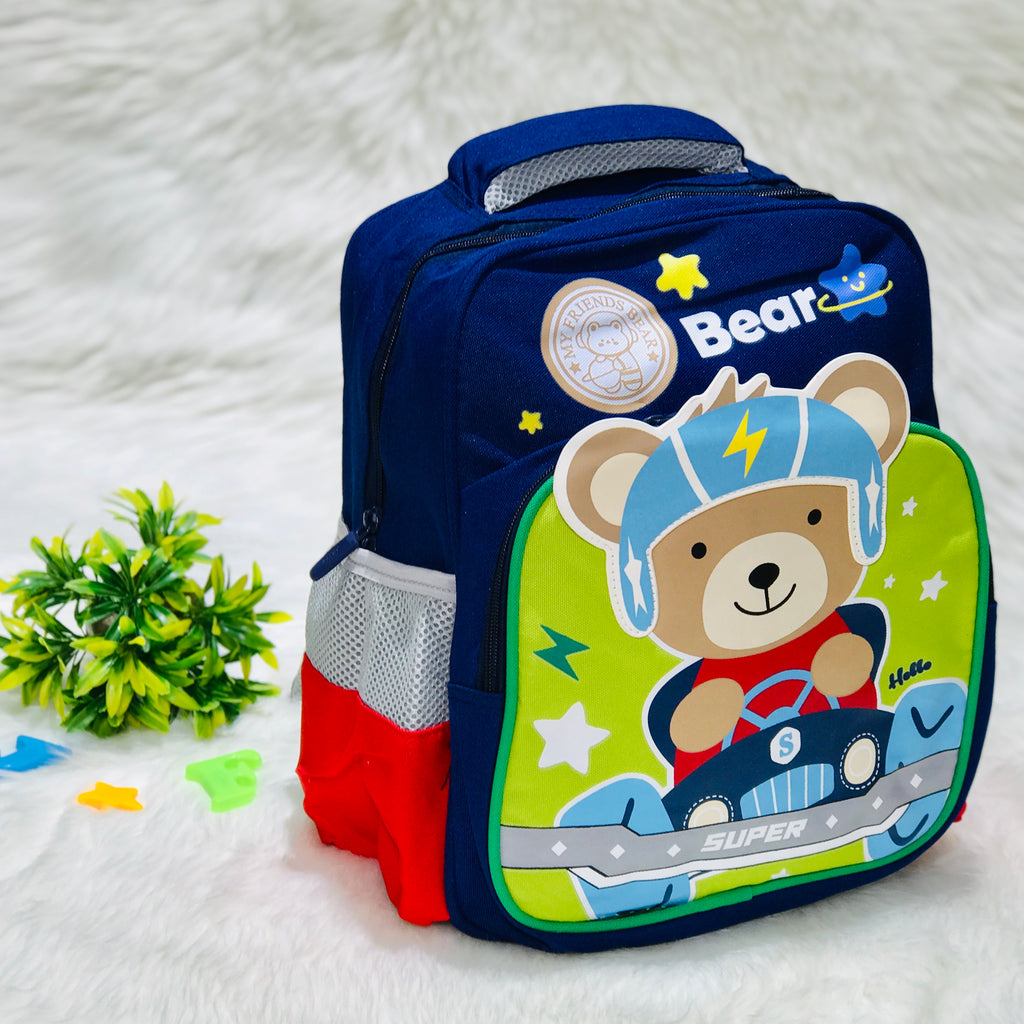 Navy Blue & Parrot Green Bear & Slogan Graphic Functional Backpack School Bag BG5540D