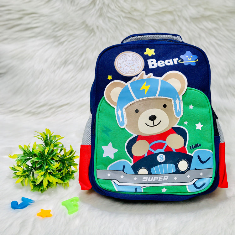 Navy Blue & Green Bear & Slogan Graphic Functional Backpack School Bag BG5540F