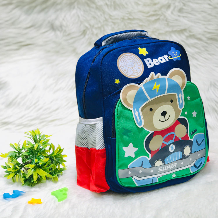 Navy Blue & Green Bear & Slogan Graphic Functional Backpack School Bag BG5540F