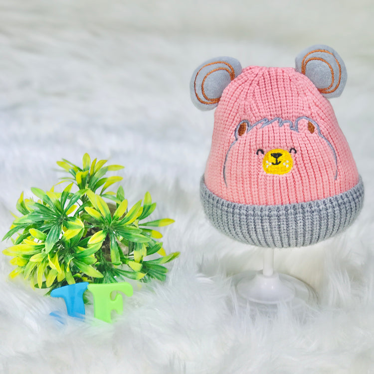 Pink Bear Head Embroidery Winter Woolen Warm Cap CP5072A