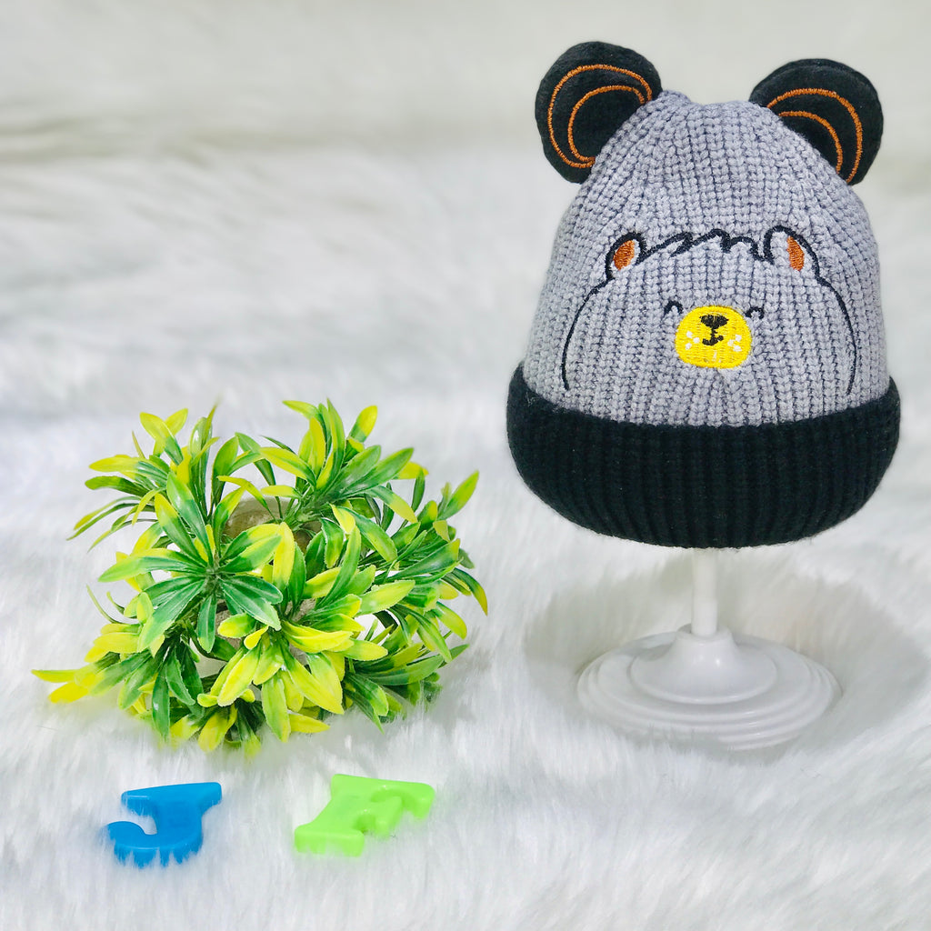 Gray Bear Head Embroidery Winter Woolen Warm Cap CP5072B