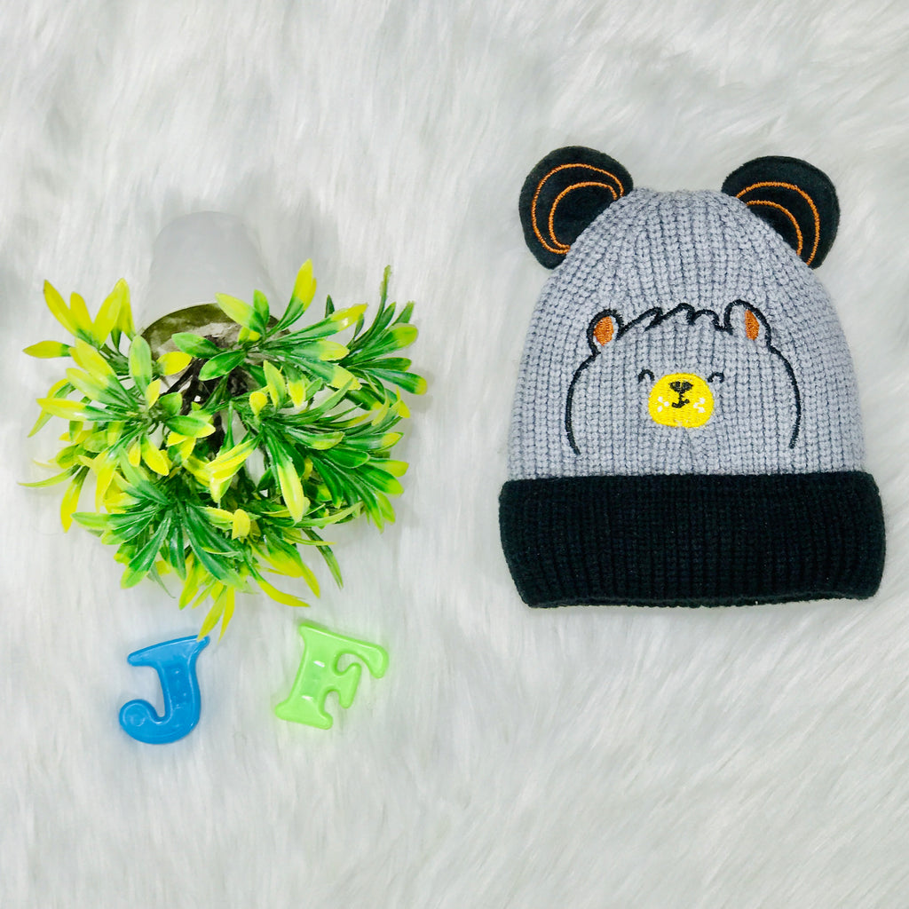 Gray Bear Head Embroidery Winter Woolen Warm Cap CP5072B