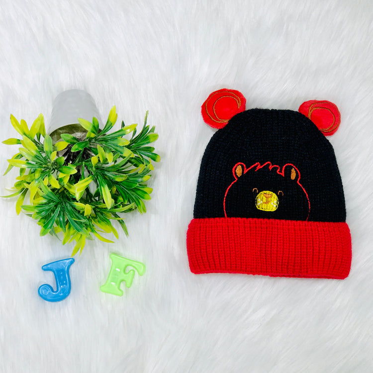 Black Bear Head Embroidery Winter Woolen Warm Cap CP5072C