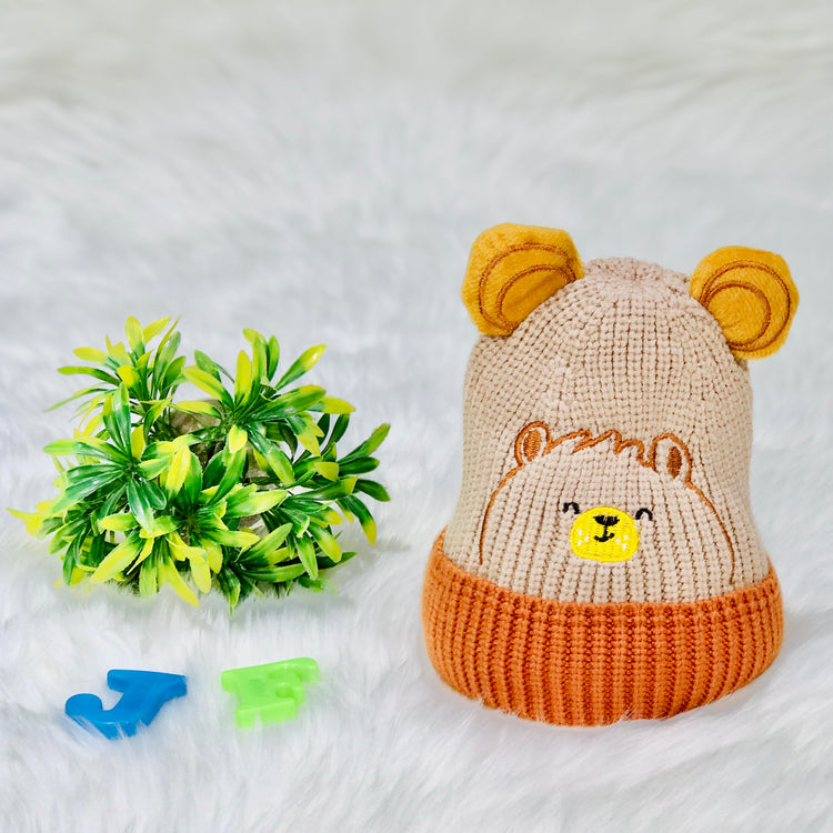 Beige Bear Head Embroidery Winter Woolen Warm Cap CP5072D