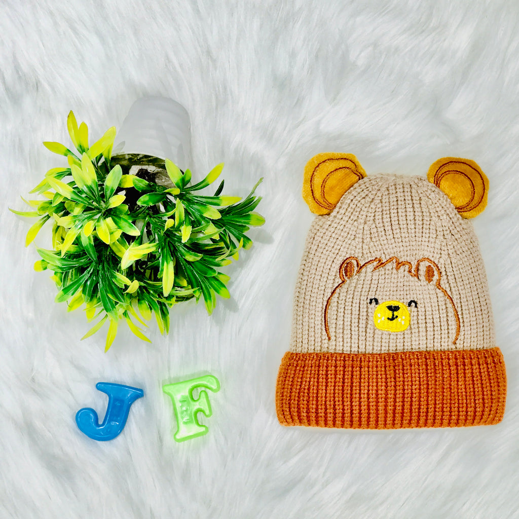 Beige Bear Head Embroidery Winter Woolen Warm Cap CP5072D