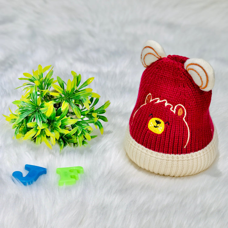 Red Bear Head Embroidery Winter Woolen Warm Cap CP5072E