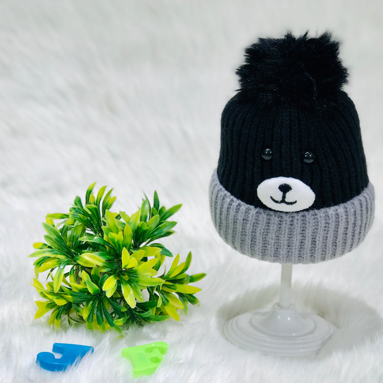 Black & Gray Bear Face Knitted Woolen Warm Cap (6-24 Months) CP5079A