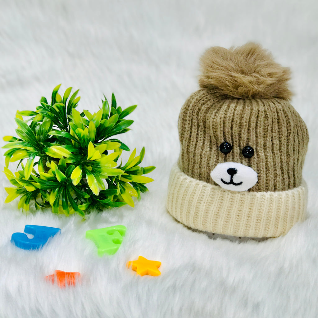 Beige & Off-white Bear Face Knitted Woolen Warm Cap (6-24 Months) CP5079B