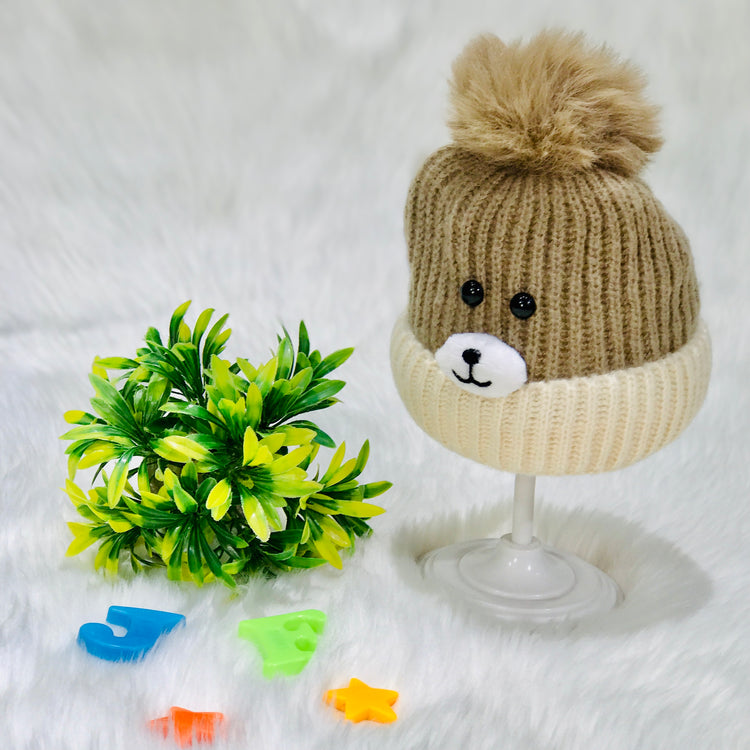 Beige & Off-white Bear Face Knitted Woolen Warm Cap (6-24 Months) CP5079B