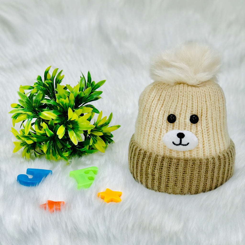 Off-white & Beige Bear Face Knitted Woolen Warm Cap (6-24 Months) CP5079E