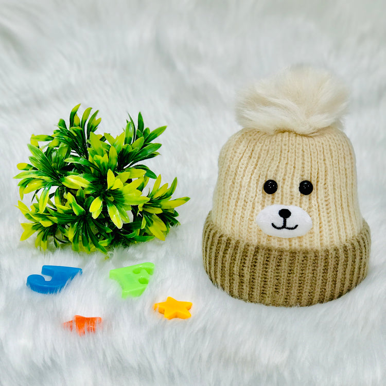 Off-white & Beige Bear Face Knitted Woolen Warm Cap (6-24 Months) CP5079E