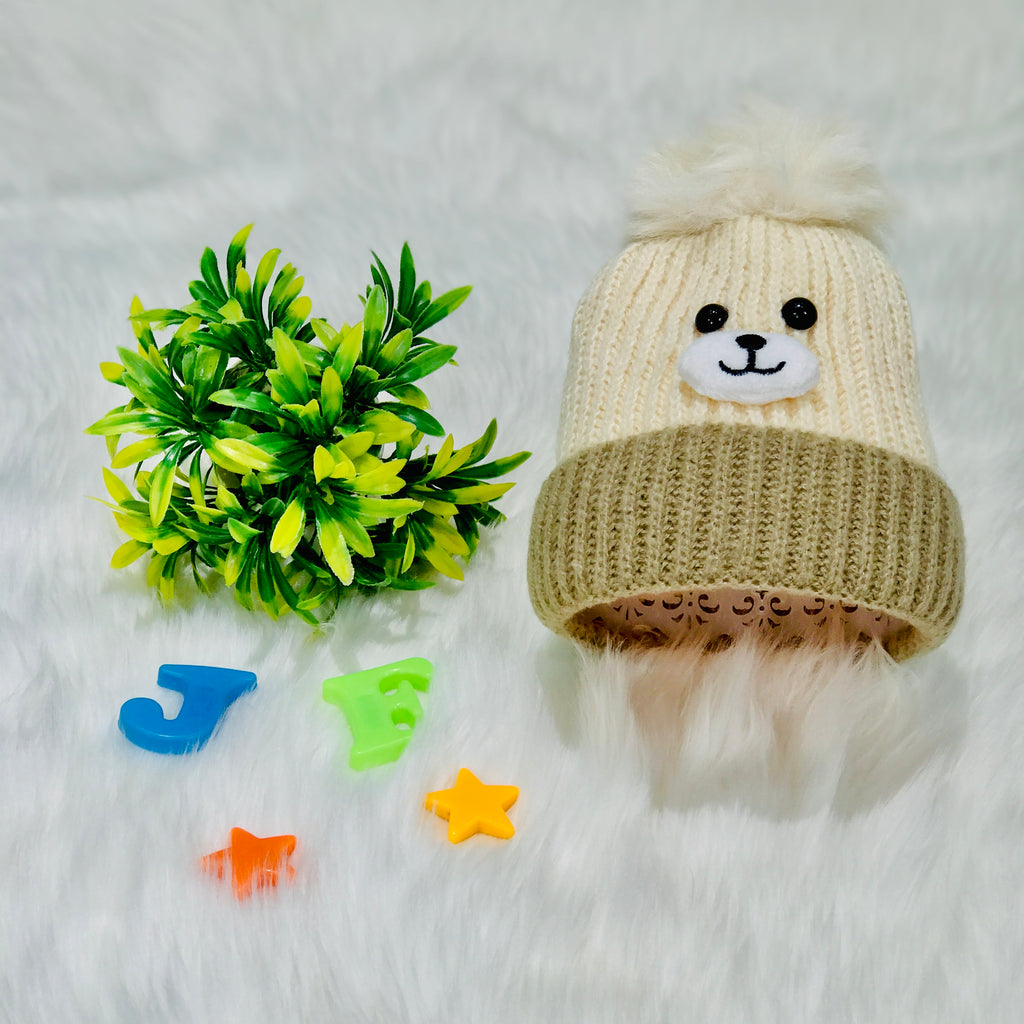 Off-white & Beige Bear Face Knitted Woolen Warm Cap (6-24 Months) CP5079E