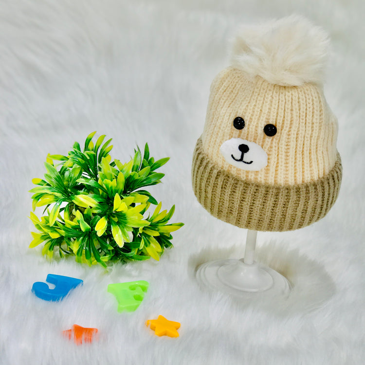 Off-white & Beige Bear Face Knitted Woolen Warm Cap (6-24 Months) CP5079E