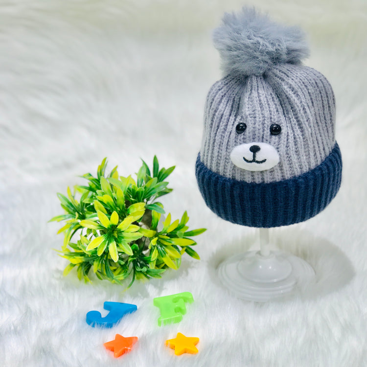 Gray & Blue Bear Face Knitted Woolen Warm Cap (6-24 Months) CP5079C