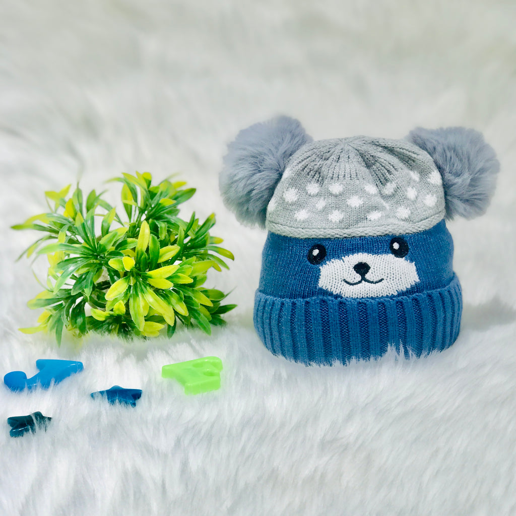 Blue & Gray Bear Knitted Woolen Warm Cap (3-24 Months) CP5080A