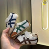 White & Brown Breathable British Style Baby Sneakers - Non-Slip Soft Sole, Mid-Top Design for Infants & Newborns, All-Season Outdoor & Daily Wear Shoes SH7169C
