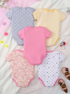 5pcs Baby's Comfy Cotton Triangle Bodysuit, Flower & Polka Dots Pattern & Embroidery Casual Short Sleeve Romper, Toddler & Infant Girl's Outdoor Clothes For Summer, As Gift BS6098H