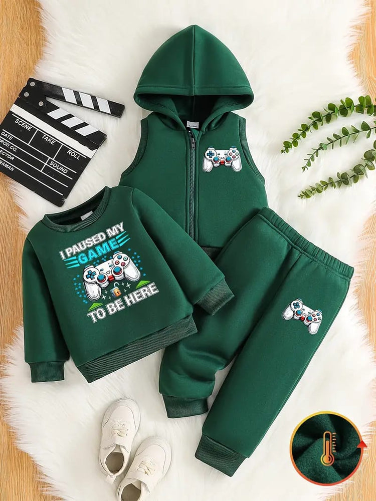 Green Boys Hoodie Set with Zipper, Casual Knit Fabric, Alphabet Pattern, Polyester 100%, Non-Stretch, Regular Fit, 3 Pcs Set TS6040