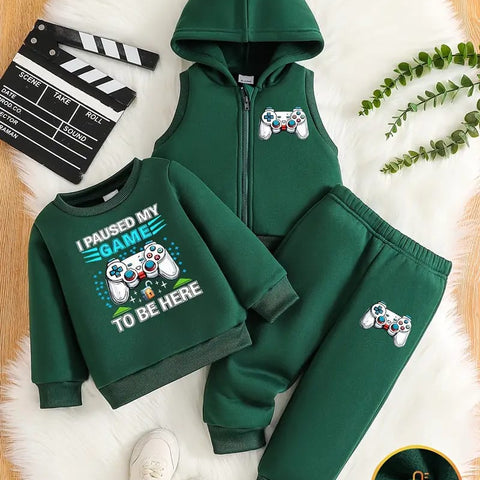 Green Boys Hoodie Set with Zipper, Casual Knit Fabric, Alphabet Pattern, Polyester 100%, Non-Stretch, Regular Fit, 3 Pcs Set TS6040