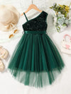 Girls' Casual Sleeveless Mesh One-Shoulder Dress for Parties and Outings, Solid Color FD6108E