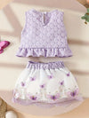2pcs of Sweet Casual Sleeveless Ruffled Short Fashion Tops + Mesh Embroidery Wave Skirt Suits Summer Thin And Beautiful Girls Skirt Suits, for Outdoor FD6126F