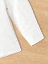 Girls' Summer Outfit - White Long Sleeve Ruffle-Sleeve Shirt with Bow Tie & Black Shorts, Casual Polyester Knit Fabric with Elastane, Solid Color 2pcs Set FD6124E