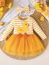 Casual Crew Neck Long Sleeve Knitted Fabric Cartoon Pattern Net Dress for Girls FD6104F
