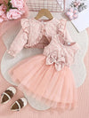 Girls' Floral Textured Long Sleeve Ruffle Cardigan and Sleeveless Tulle Dress Set FD6107B