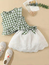 2pcs Summer Casual Scholastic Girls Sleeveless Plaid Ruffle Short Top + Skirt Set, Perfect for Outdoor FD6126G