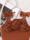 Girls' 3D Floral Bow Tie Top and Pleated Skirt Set, Perfect for Outdoor FD6124F