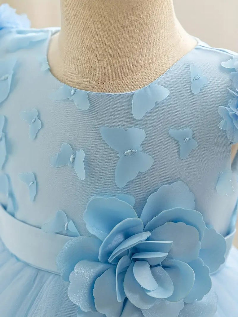 Baby's Elegant Flower Decor Butterfly Applique Mesh Gown Dress, Infant & Toddler Girl's Dress For Formal Occasion FD6103G