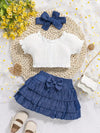 Chic Summer Girls' Outfit Set - Elegant Faux Denim Print Skirt with Bow Detail & Casual Top, Machine Washable, Perfect for Outdoor FD6122A