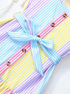 Girls' Summer Striped Sleeveless Dress with Ruffle Hem, Button Details & Belt - Colorful Pastel Stripes FD6112H