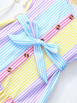 Girls' Summer Striped Sleeveless Dress with Ruffle Hem, Button Details & Belt - Colorful Pastel Stripes FD6112H