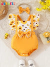 Girls' Casual Cute Floral Print Random Pattern Lace Trim Bowknot Romper with Water Lily Edge, Summer Includes Hair Accessory, Perfect for Outdoor BS6140A