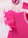 Summer Girls' Casual Dress with Ribbed Mesh Splicing, Comes with a Hair Accessory FD6110J