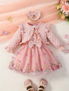2pcs Baby's Elegant Butterfly Embroidery Mesh Splicing Dress + Ruffled Flower Jacquard Cardigan + Headwear, Toddler & Infant Girl's Clothing Outdoor Set For Spring Fall FD6102B