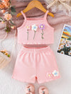 Summer Ditch Strap Short Top with Flower Embroidery Shorts Children's Two-Piece Set FD6125D