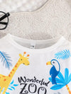 Wonderful Zoo Print Long Sleeve Top and Blue Overalls Pants Set - Casual Knit Fabric, Polyester and Spandex Blend, Animal Pattern, Regular Fit for Fall/Winter, for Outdoor DNG6095