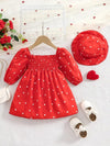 2pcs Set Long Sleeve Heart Print Smocked Dress with Hat for Toddlers FD6111H