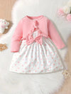 Sweet Pink Lace Long Sleeve Cardigan & Polka Dot Bowknot Dress Set for Girls - Machine Washable, Polyester Blend, Perfect for Outdoor FD6107F