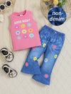 Adorable Baby Girl Set, Fashionable Ruched Floral Top with Imitation Denim Flare Pants, Suitable for Spring and Summer Outdoor Play, Beach Vacation Outfit, Perfect for Outdoor FD6402H
