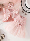 Girls 3pcs Summer Outfit Set - Sleeveless Ruffle Jacket, Tulle Umbrella Skirt with Bow Hair Bands - 100% Polyester Casual Dress for Outdoor Activities FD6127E