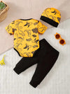 Casual Three-piece Set: Yellow Short-sleeved Cartoon Dinosaur Printed Shirt, Versatile Black Pants, and Colorful Cute Hat BS6140H