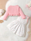 Sweet Pink Lace Long Sleeve Cardigan & Polka Dot Bowknot Dress Set for Girls - Machine Washable, Polyester Blend, Perfect for Outdoor FD6107F