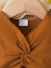 Solid Color Twisted Sleeve Cotton Top with Striped Bow Shorts, for Outdoor FD6091D